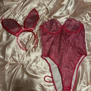 Sparkling Pink Playboy Bodysuit Costume with Bunny Ears